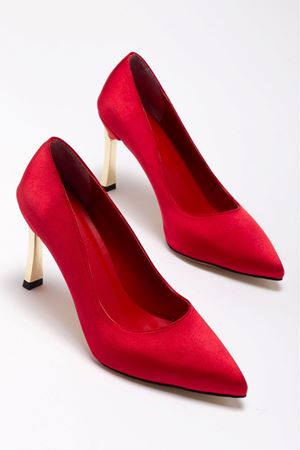 Kadın Kırmızı Saten Gold Ökçe Sivri Burun İnce Topuklu Stiletto