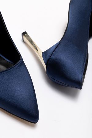 Kadın Lacivert Saten Gold Ökçe Sivri Burun İnce Topuklu Stiletto