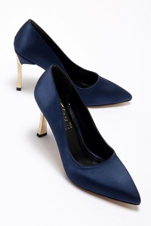 Kadın Lacivert Saten Gold Ökçe Sivri Burun İnce Topuklu Stiletto