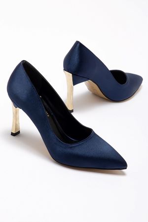 Kadın Lacivert Saten Gold Ökçe Sivri Burun İnce Topuklu Stiletto
