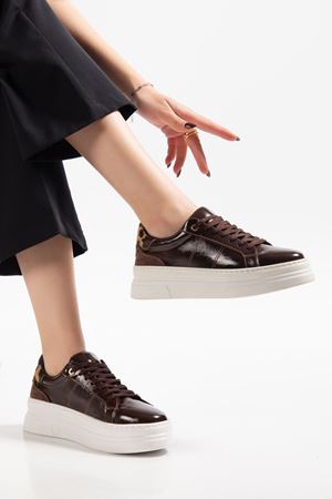 Kadın Acı Kahve Rugan Poli Taban Leopar Desenli Bağcıklı Yüksek Spor Ayakkabı 