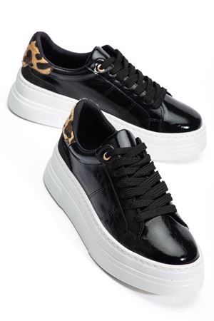 Kadın Siyah Rugan Poli Taban Leopar Desenli Bağcıklı Yüksek Spor Ayakkabı  