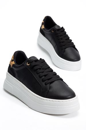 Kadın Siyah Cilt Poli Taban Leopar Desenli Bağcıklı Yüksek Spor Ayakkabı 