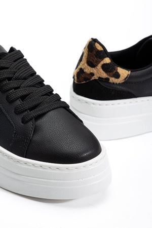 Kadın Siyah Cilt Poli Taban Leopar Desenli Bağcıklı Yüksek Spor Ayakkabı 