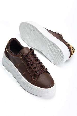 Kadın Acı Kahve Cilt Poli Taban Leopar Desenli Bağcıklı Yüksek Spor Ayakkabı 