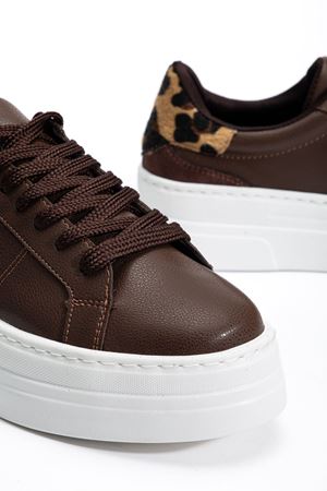 Kadın Acı Kahve Cilt Poli Taban Leopar Desenli Bağcıklı Yüksek Spor Ayakkabı 