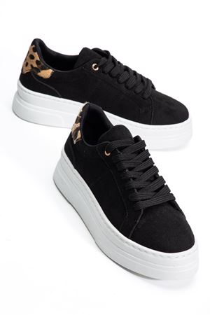 Kadın Siyah Süet Poli Taban Leopar Desenli Bağcıklı Yüksek Spor Ayakkabı 