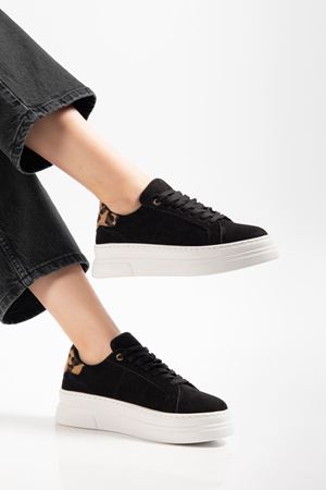 Kadın Siyah Süet Poli Taban Leopar Desenli Bağcıklı Yüksek Spor Ayakkabı 