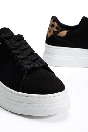 Kadın Siyah Süet Poli Taban Leopar Desenli Bağcıklı Yüksek Spor Ayakkabı 