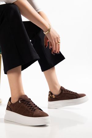 Kadın Acı Kahve Süet Poli Taban Leopar Desenli Bağcıklı Yüksek Spor Ayakkabı 