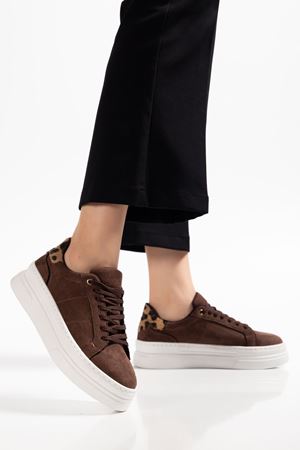 Kadın Acı Kahve Süet Poli Taban Leopar Desenli Bağcıklı Yüksek Spor Ayakkabı 