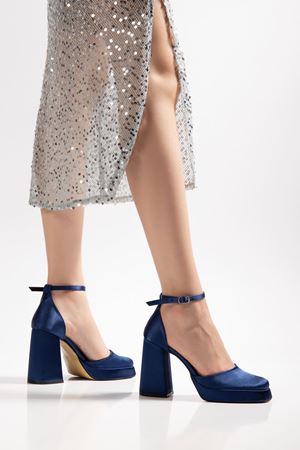 Migo Kadın Lacivert Saten Platformlu Kapalı Burunlu Kalın Topuklu Ayakkabı