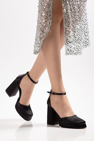 Migo Kadın Siyah Saten Platformlu Kapalı Burunlu Kalın Topuklu Ayakkabı