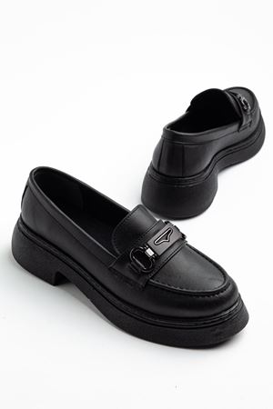 Dayna Kadın Siyah Cilt Yüksek Tabanlı Tokalı Loafer Ayakkabı 