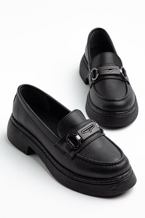 Dayna Kadın Siyah Cilt Yüksek Tabanlı Tokalı Loafer Ayakkabı 