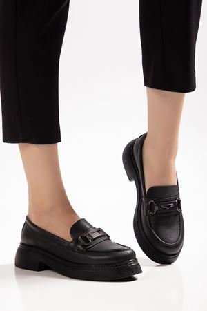 Dayna Kadın Siyah Cilt Yüksek Tabanlı Tokalı Loafer Ayakkabı 