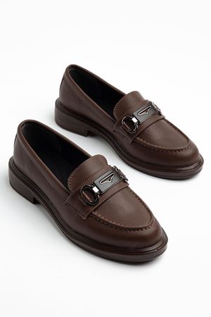 Kadın Acı Kahve Cilt Tokalı Loafer Ayakkabı 