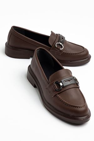 Kadın Acı Kahve Cilt Tokalı Loafer Ayakkabı 