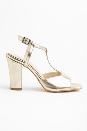 Entela Topuklu Gold Cilt Küt Burunlu Kadın Ayakkabı 