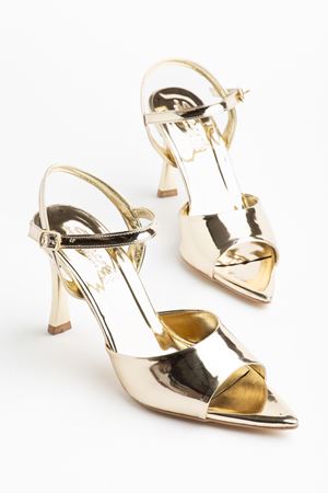 Kadın Gold Rugan Burnu Açık Gold Ökçe Topuklu Ayakkabı 