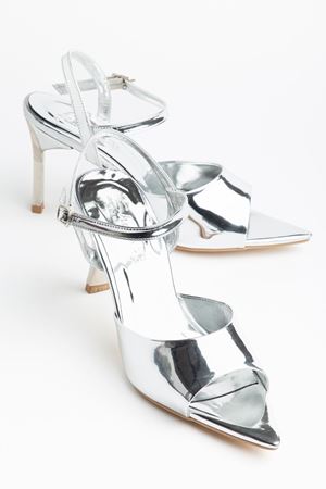 Kadın Gümüş Rugan Burnu Açık Gold Ökçe Topuklu Ayakkabı  