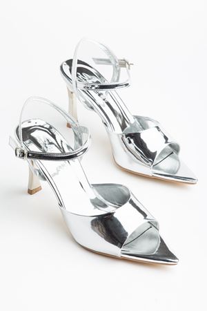 Kadın Gümüş Rugan Burnu Açık Gold Ökçe Topuklu Ayakkabı  