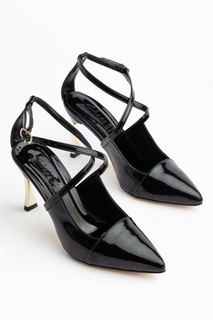 Kadın Siyah Rugan Çapraz Bağlı Gold Ökçe Topuklu Ayakkabı  