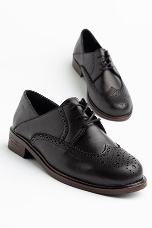 Kadın Siyah Hakiki Deri Bağcıklı Loafer Ayakkabı 