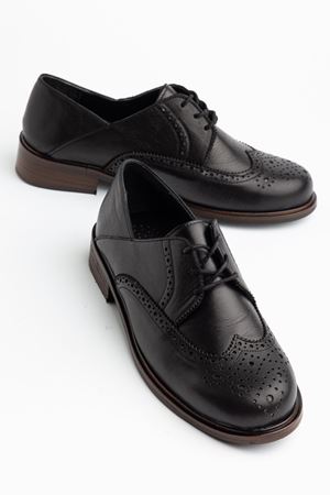 Kadın Siyah Hakiki Deri Bağcıklı Loafer Ayakkabı 