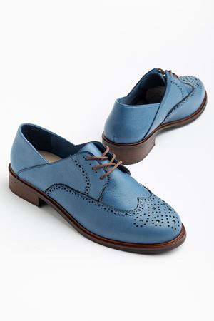 Kadın Mavi Hakiki Deri Bağcıklı Loafer Ayakkabı  