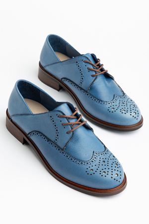 Kadın Mavi Hakiki Deri Bağcıklı Loafer Ayakkabı  