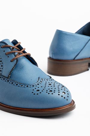 Kadın Mavi Hakiki Deri Bağcıklı Loafer Ayakkabı  