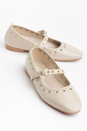 Kadın Bej Rugan Gold Detaylı Baretli Babet  