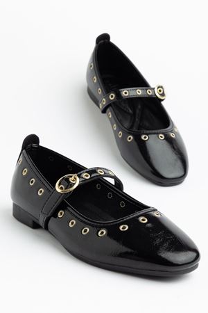 Kadın Siyah Rugan Gold Detaylı Baretli Babet   