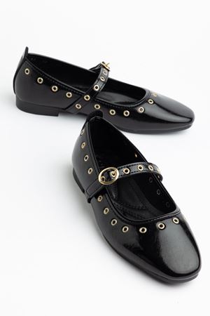 Kadın Siyah Rugan Gold Detaylı Baretli Babet   