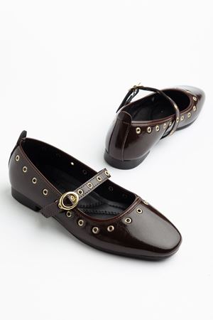 Kadın Acı Kahve Rugan Gold Detaylı Baretli Babet    