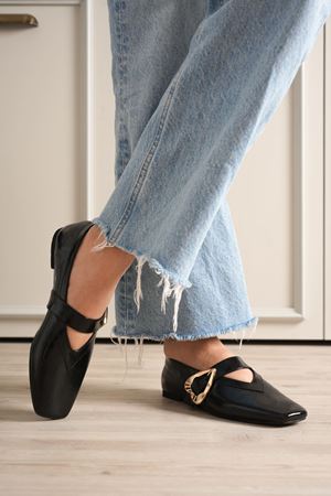 Kadın Siyah Babet Rugan Kalp Tokalı Ortopedik Rahat  