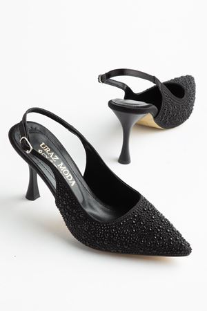 Blush Kadın Siyah Saten İnci Detaylı Abiye Topuklu Kadın Ayakkabı 