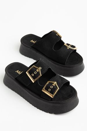 Kadın Siyah Süet Yüksek Poli Taban Çift Tokalı Terlik