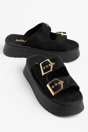 Kadın Siyah Süet Yüksek Poli Taban Çift Tokalı Terlik