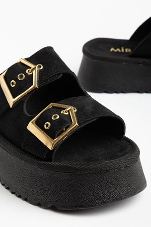 Kadın Siyah Süet Yüksek Poli Taban Çift Tokalı Terlik