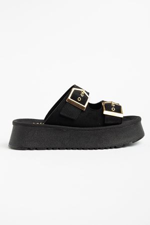 Kadın Siyah Süet Yüksek Poli Taban Çift Tokalı Terlik