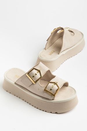 Kadın Bej Süet Yüksek Poli Taban Çift Tokalı Terlik 