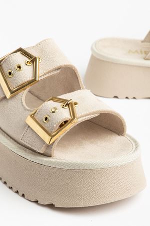 Kadın Bej Süet Yüksek Poli Taban Çift Tokalı Terlik 