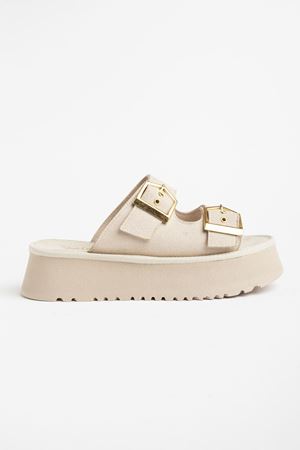 Kadın Bej Süet Yüksek Poli Taban Çift Tokalı Terlik 