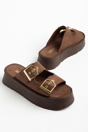 Kadın Kahverengi Süet Yüksek Poli Taban Çift Tokalı Terlik  