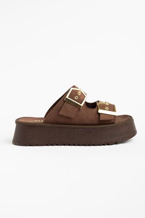 Kadın Kahverengi Süet Yüksek Poli Taban Çift Tokalı Terlik  