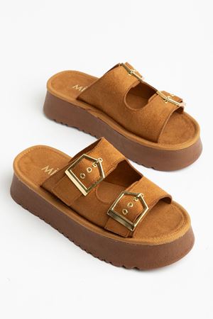 Kadın Taba Süet Yüksek Poli Taban Çift Tokalı Terlik  