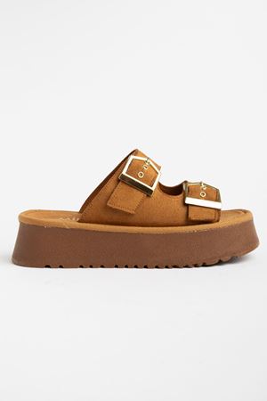 Kadın Taba Süet Yüksek Poli Taban Çift Tokalı Terlik  