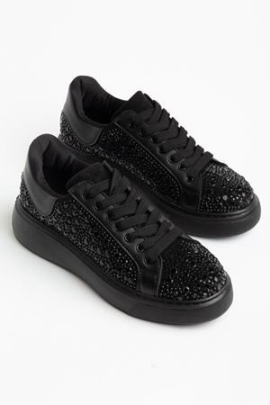 Romee Kadın Siyah Cilt Taşlı Spor Ayakkabı  